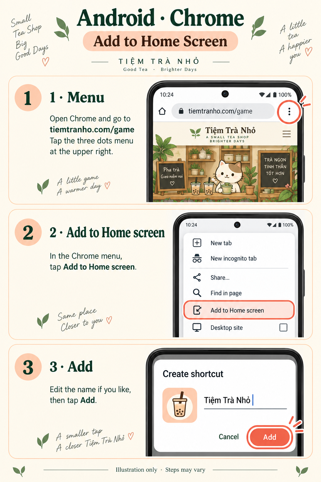 Illustration: Chrome menu, Add to Home screen, then Add.