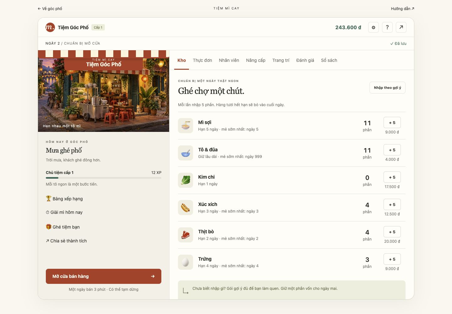Tiệm Mì Cay gameplay: stock ingredients and prepare noodle orders